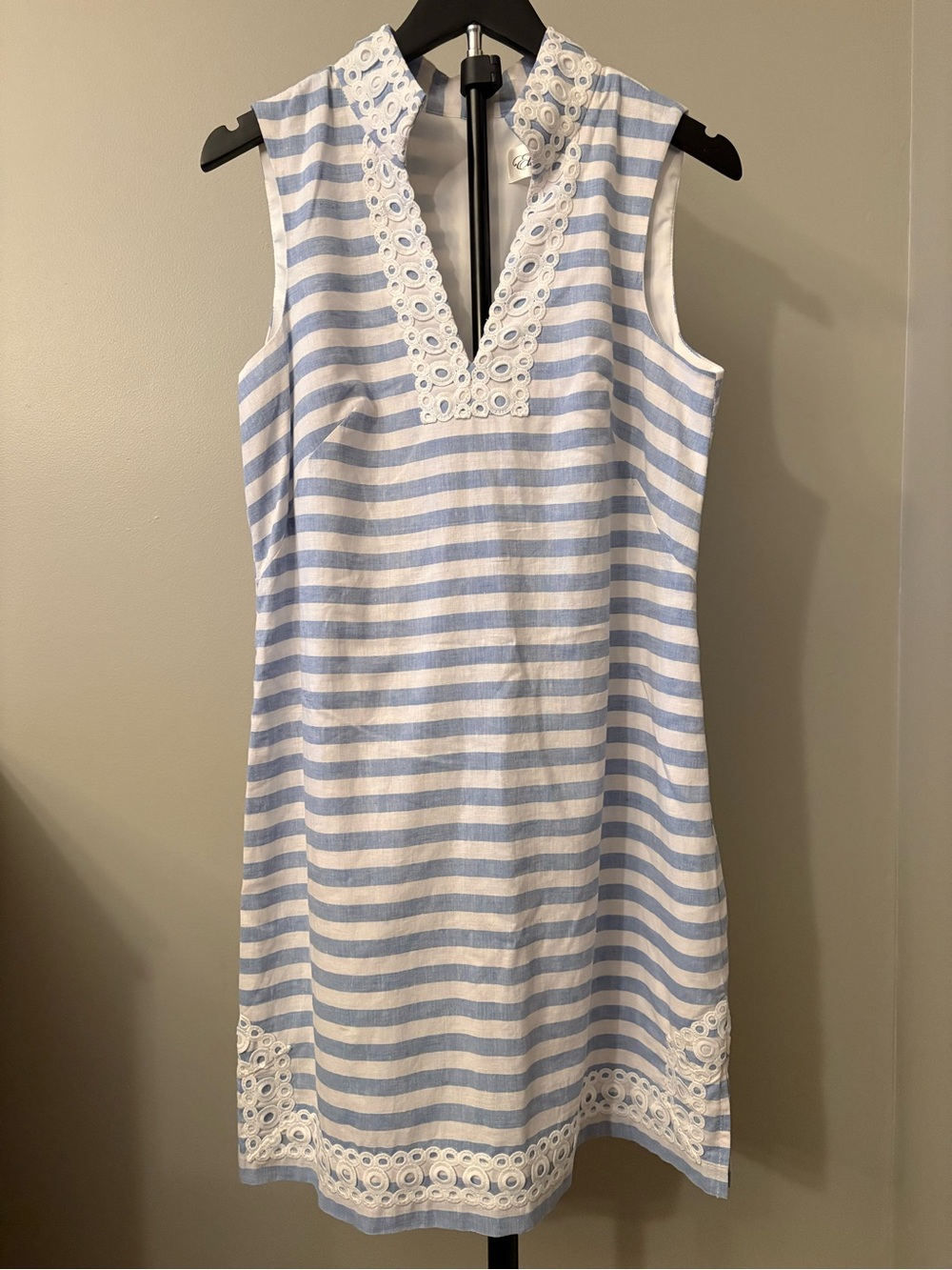 Eliza J Size 8 Sleeveless Blue & White Striped Eyelet Dress
